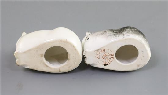 Two Derby porcelain figures of recumbent cats, c.1830, L. 6.1cm, faults to ears